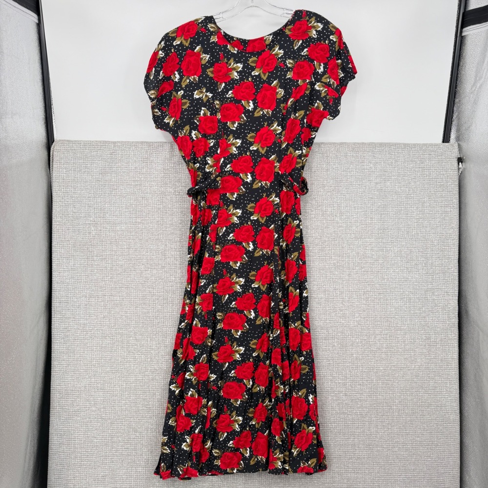 Vtg Elisse Jr Dress Womens 9/10 Black Red Floral Polka Dot Rayon Midi Grunge